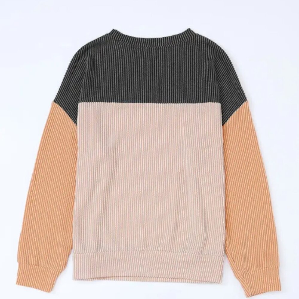 Color Block Crew-neck Long-sleeved Ribbed Color Contrast Loose Fit Tee Shirt - Picture 5 of 9